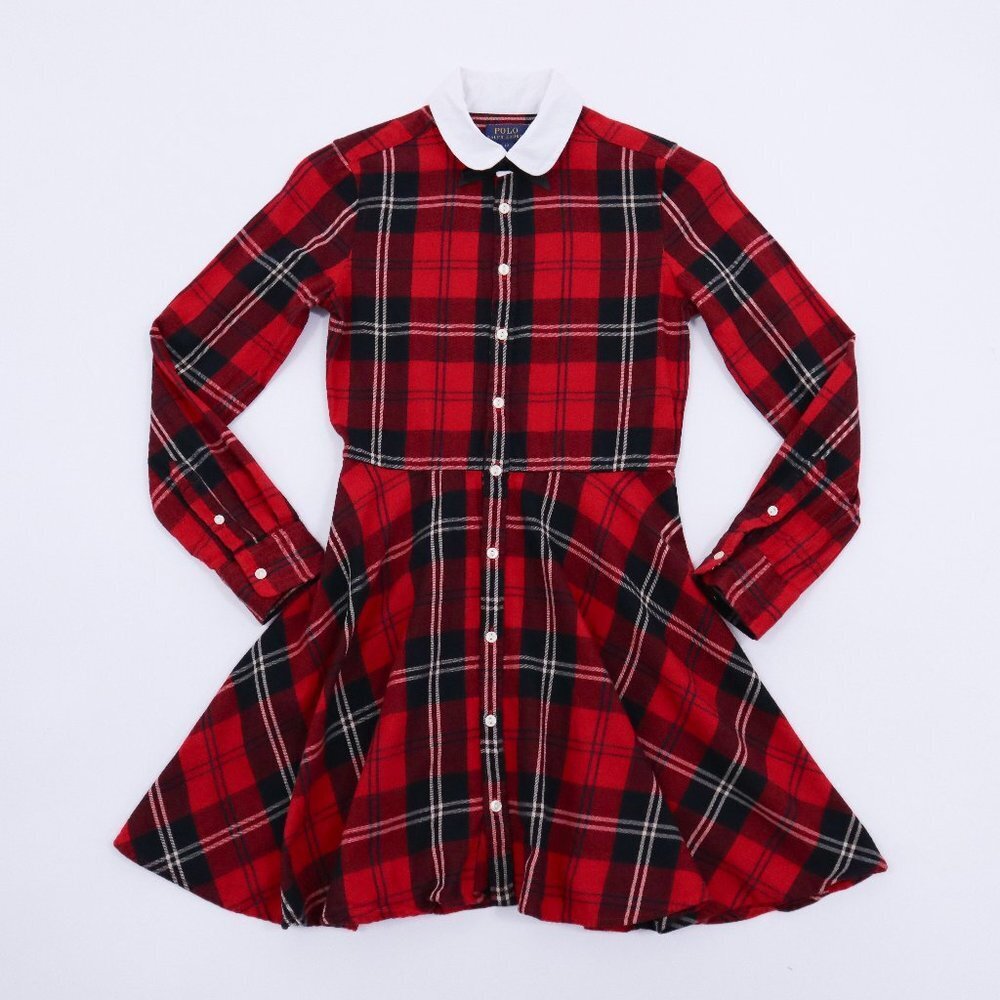 Polo Ralph Lauren Dress Girls 12 Plaid Red Blue White Peter Pan Collar Preppy